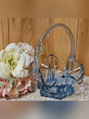 Vintage Fenton Art Glass Ruffled Edge Crystal Blue Basket Bowl Rope Handle